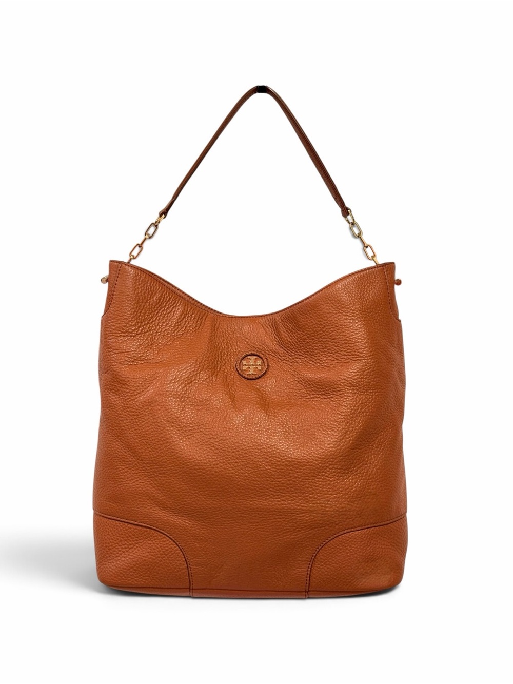 Tory Burch Whipstitch Logo Hobo Leather Bag Bark Tan Brown Medallion